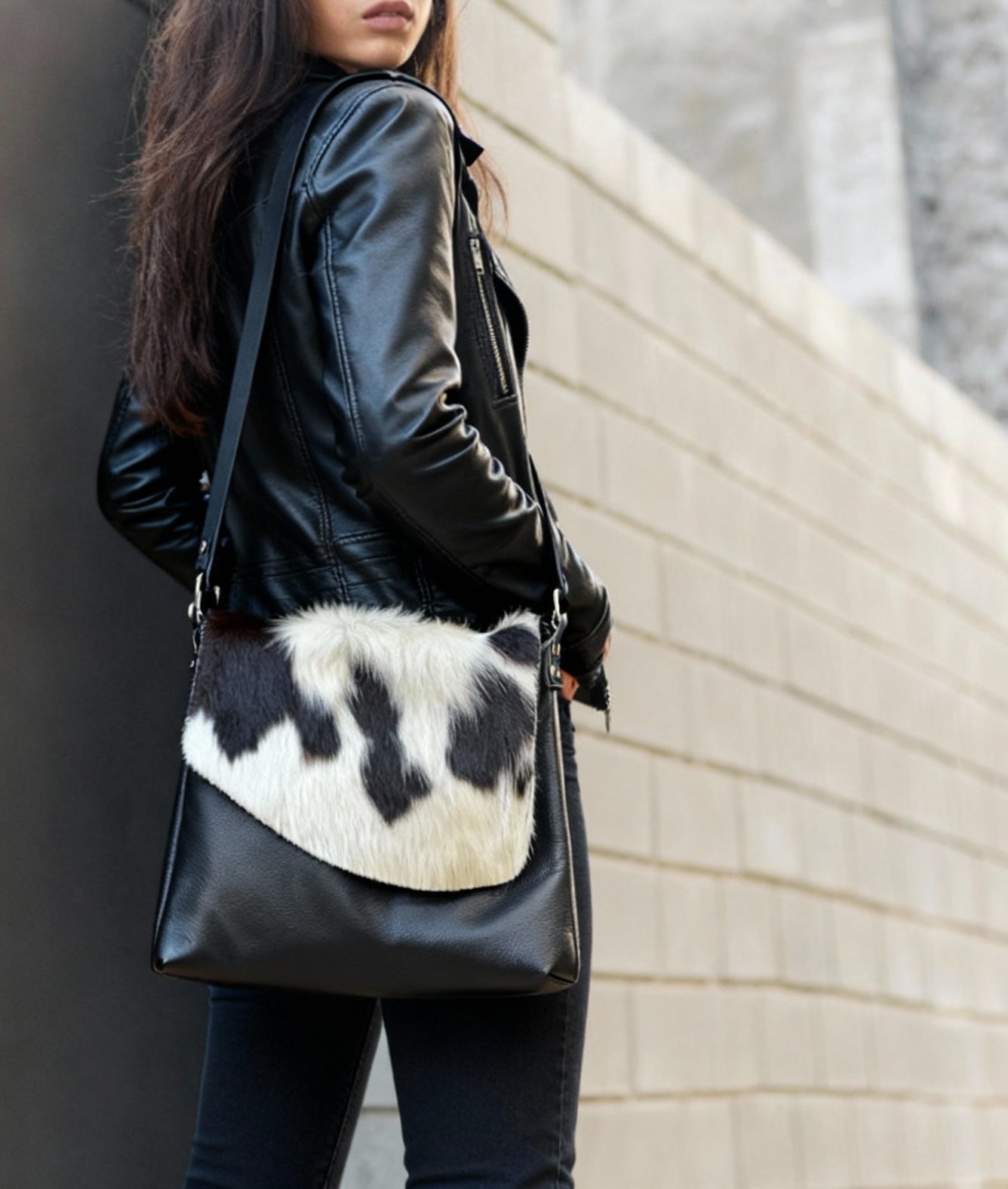 Black white Cowhide Leather Crossbody