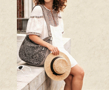 Tooled Taupe Leopard Print Leather Hobo Bag in 2 sizes