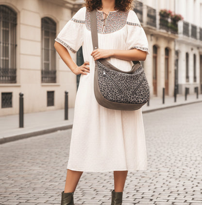 Tooled Taupe Leopard Print Leather Hobo Bag in 2 sizes