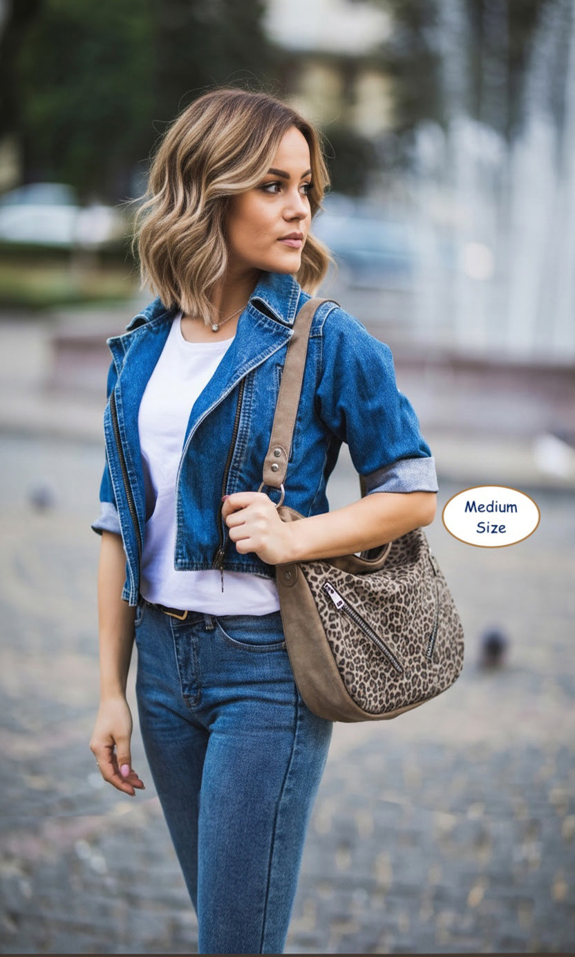 Tooled Taupe Leopard Print Leather Hobo Bag in 2 sizes