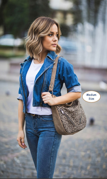 Tooled Taupe Leopard Print Leather Hobo Bag in 2 sizes