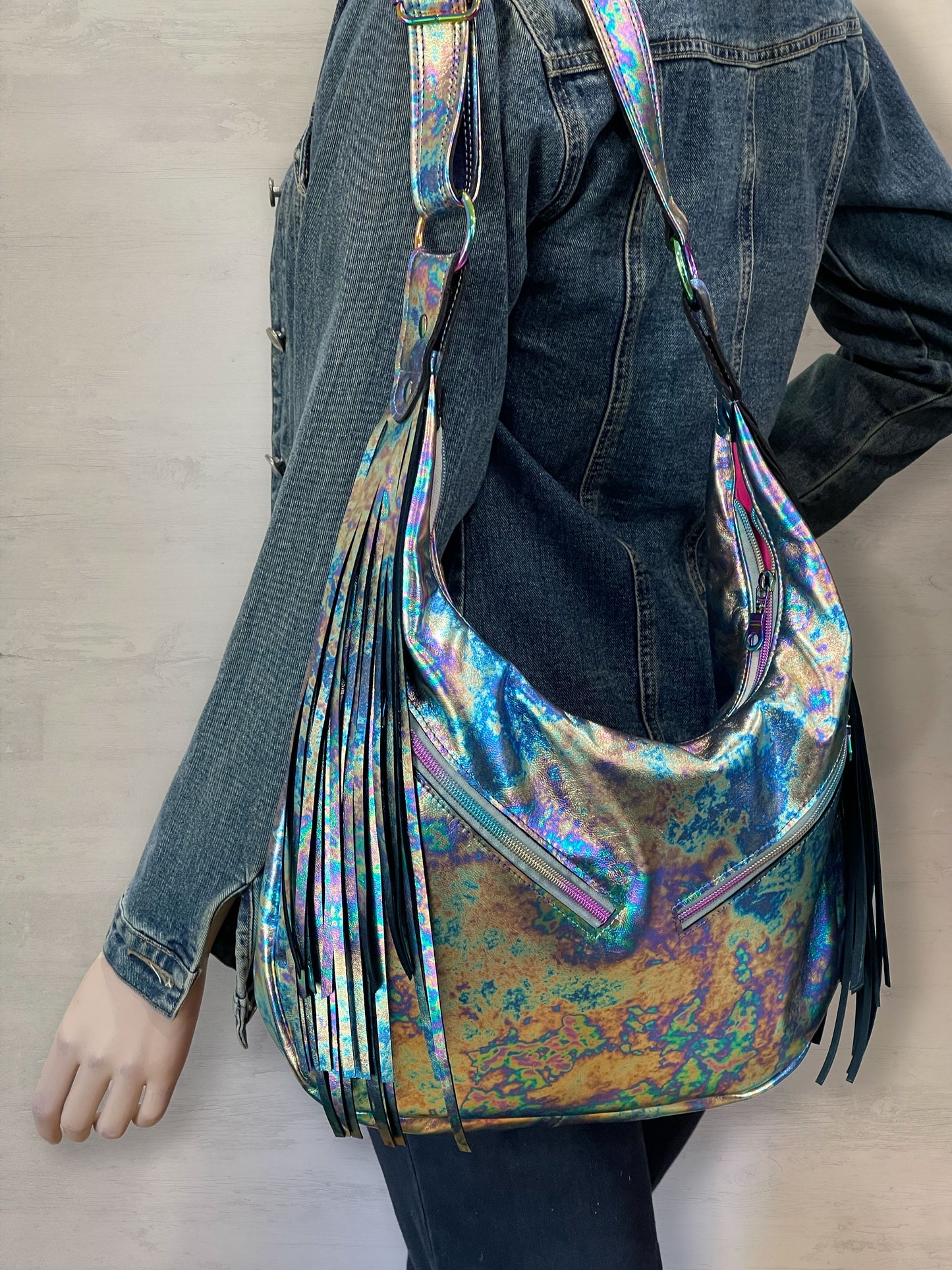 Oil Slick Metallic Leather Fringe Hobo Bag