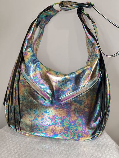 Oil Slick Metallic Leather Fringe Hobo Bag