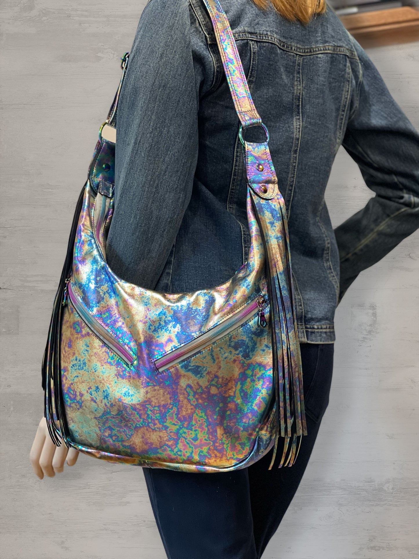 Oil Slick Metallic Leather Fringe Hobo Bag