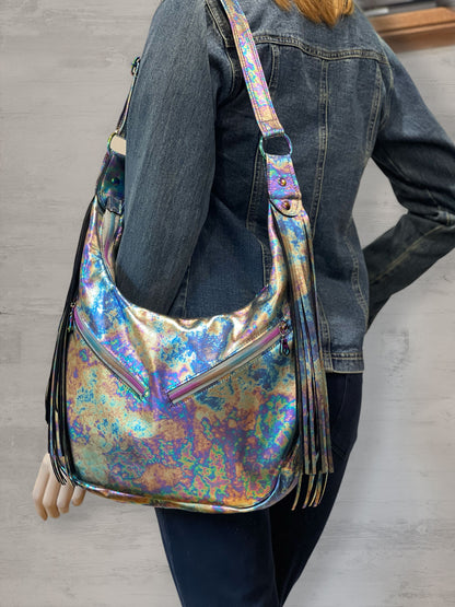 Oil Slick Metallic Leather Fringe Hobo Bag