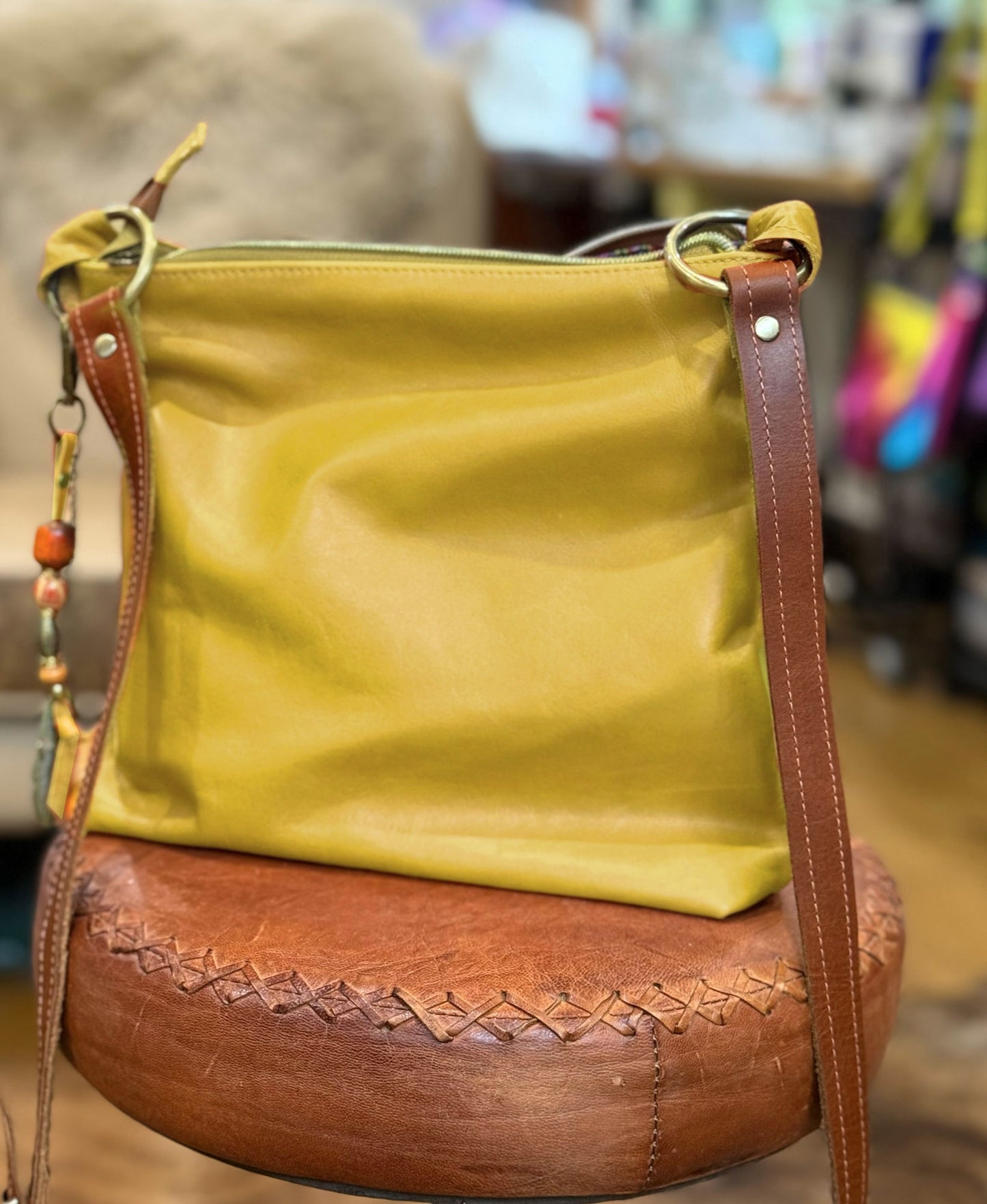 Yellow Crossbody Leather Bag with Oversized Studs