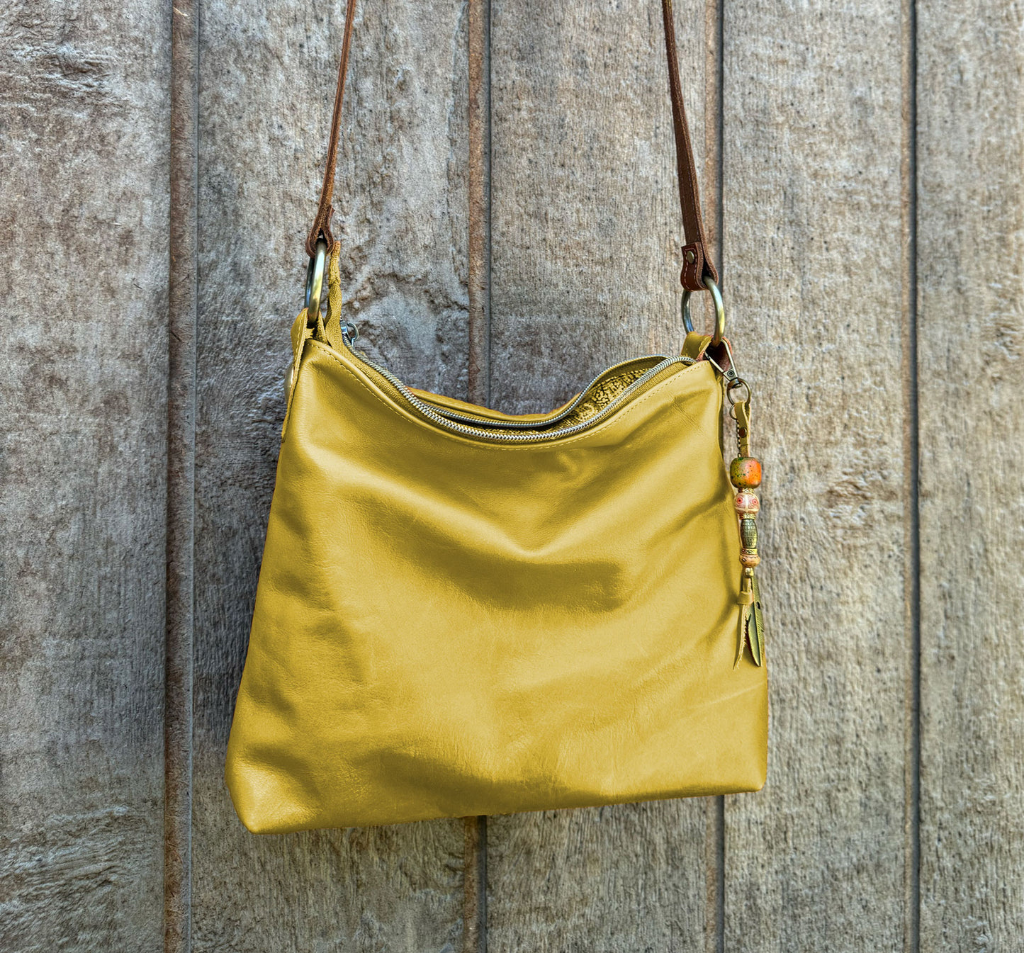 Yellow Crossbody Leather Bag with Oversized Studs