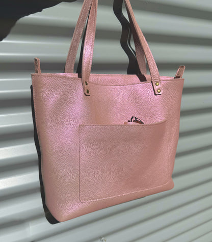 Pearlized Pink Leather Tote, inside zipper leather pocket, leather sunglass case, outside pocket IN STOCK