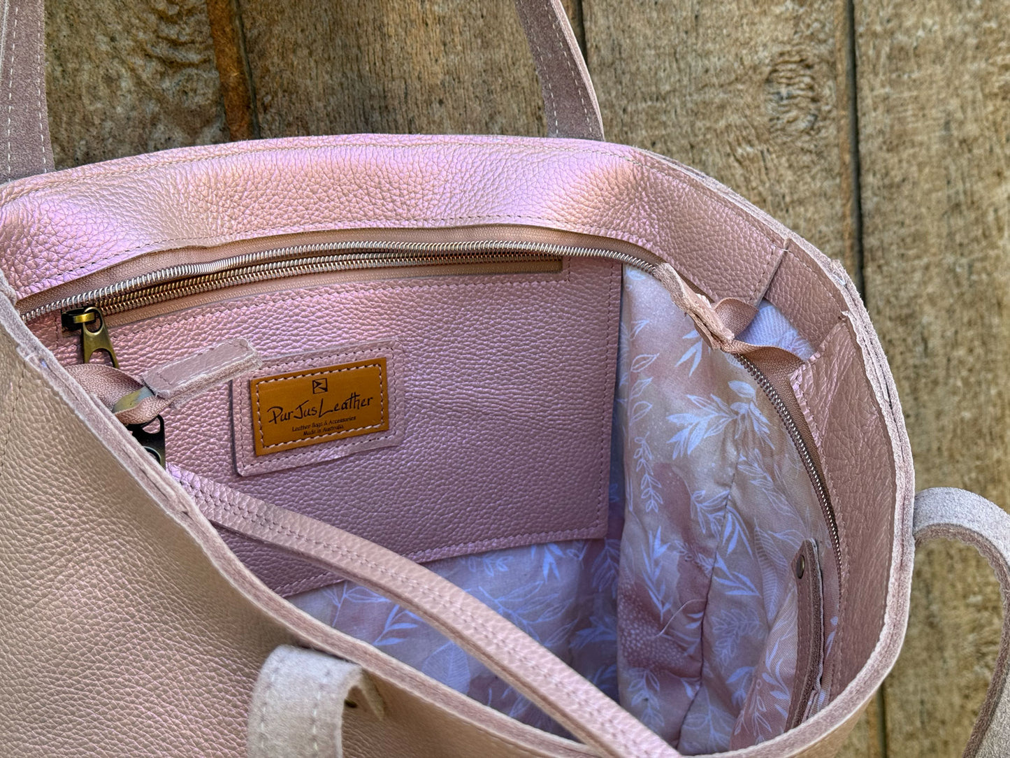 Pearlized Pink Leather Tote, inside zipper leather pocket, leather sunglass case, outside pocket IN STOCK