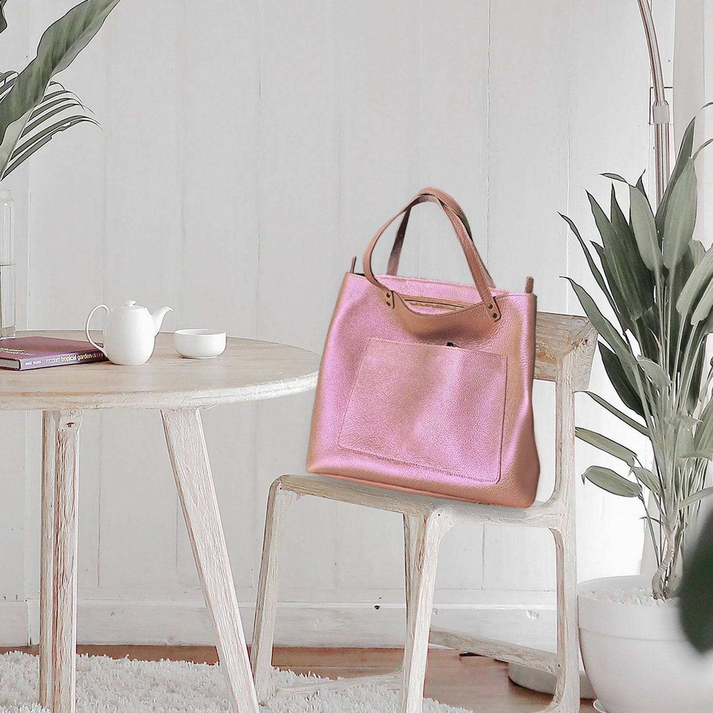 Pearlized Pink Leather Tote, inside zipper leather pocket, leather sunglass case, outside pocket IN STOCK