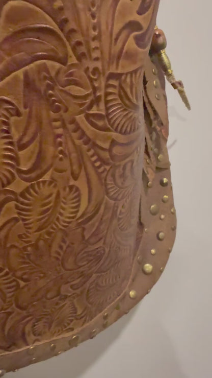 Studded Tooled brown Leather Hobo crossbody or shoulder Bag, 1 IN STOCK