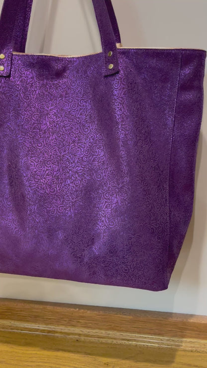 Metallic purple Tote, soft Florentine Italian print metallic leather, free zipper purse