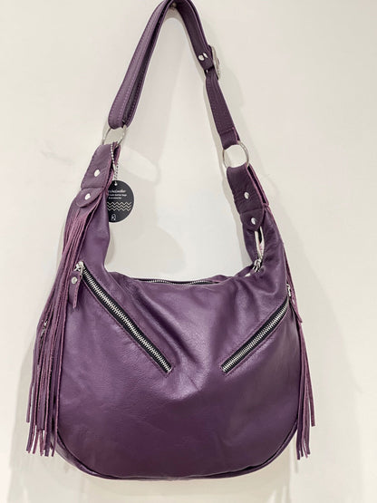 Purple leather Hobo, premium soft double layer leather fringe