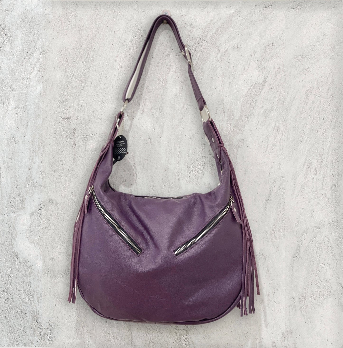 Purple leather Hobo, premium soft double layer leather fringe