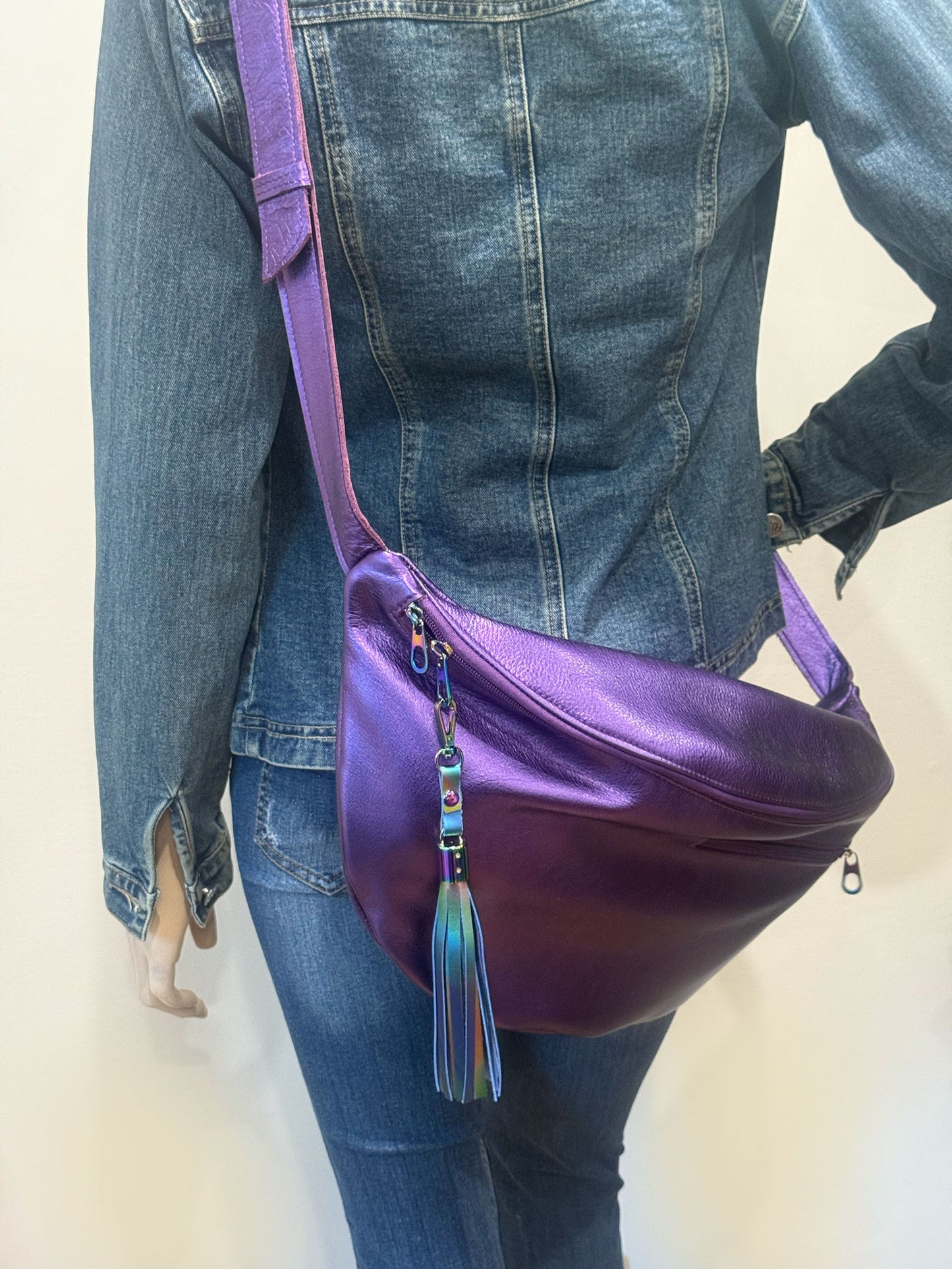 Metallic Purple Leather Sling bag, Italian Leather