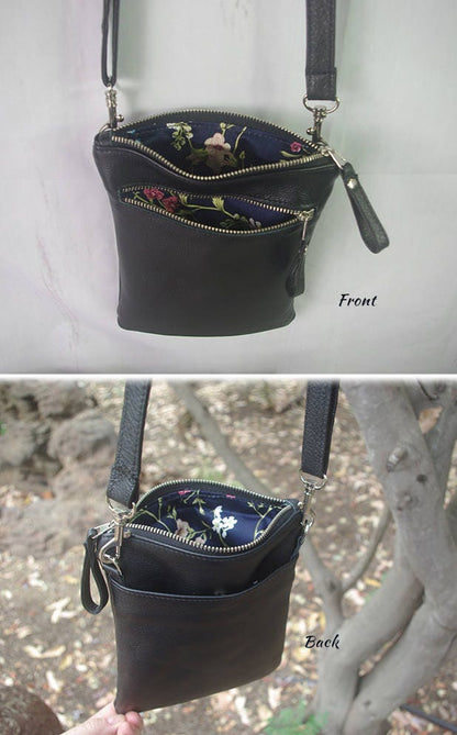 Black handbag with floral embroidery shown from front and side views.