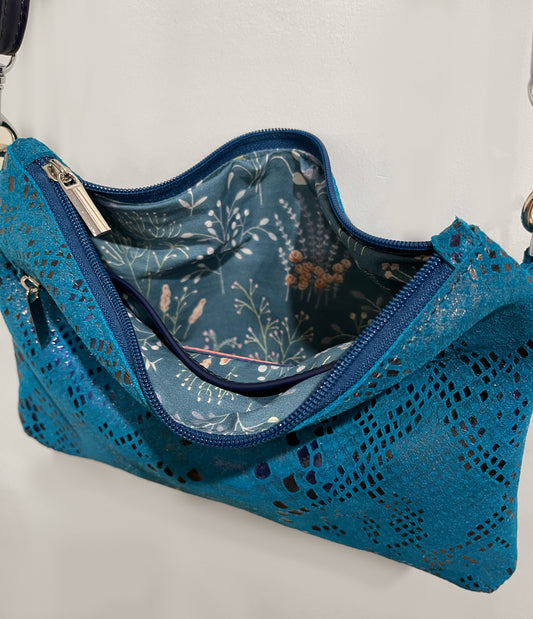 small turquoise blue suede embossed snake print purse with small floral lining