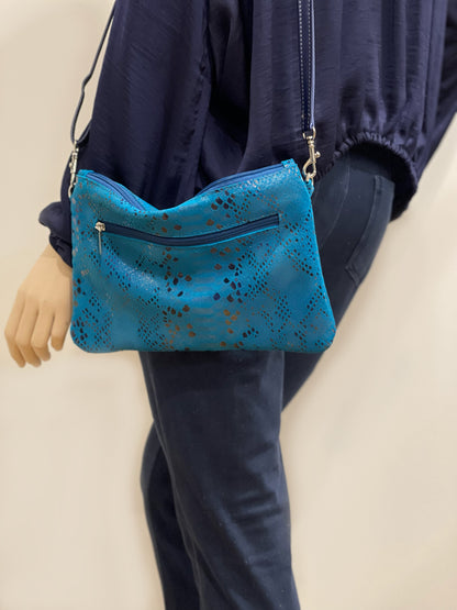 Small Teal Metallic Snake on Suede crossbody bag and Wristlet. IN STOCK