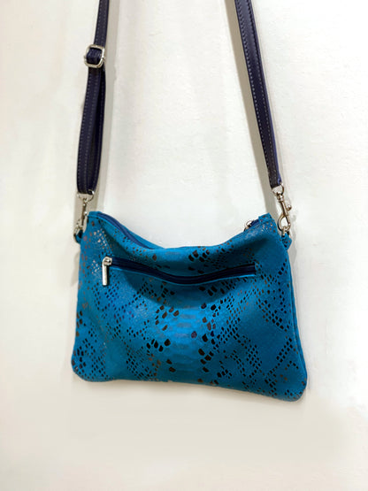Small Teal Metallic Snake on Suede crossbody bag and Wristlet. IN STOCK