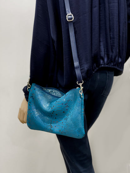 Small Teal Metallic Snake on Suede crossbody bag and Wristlet. IN STOCK