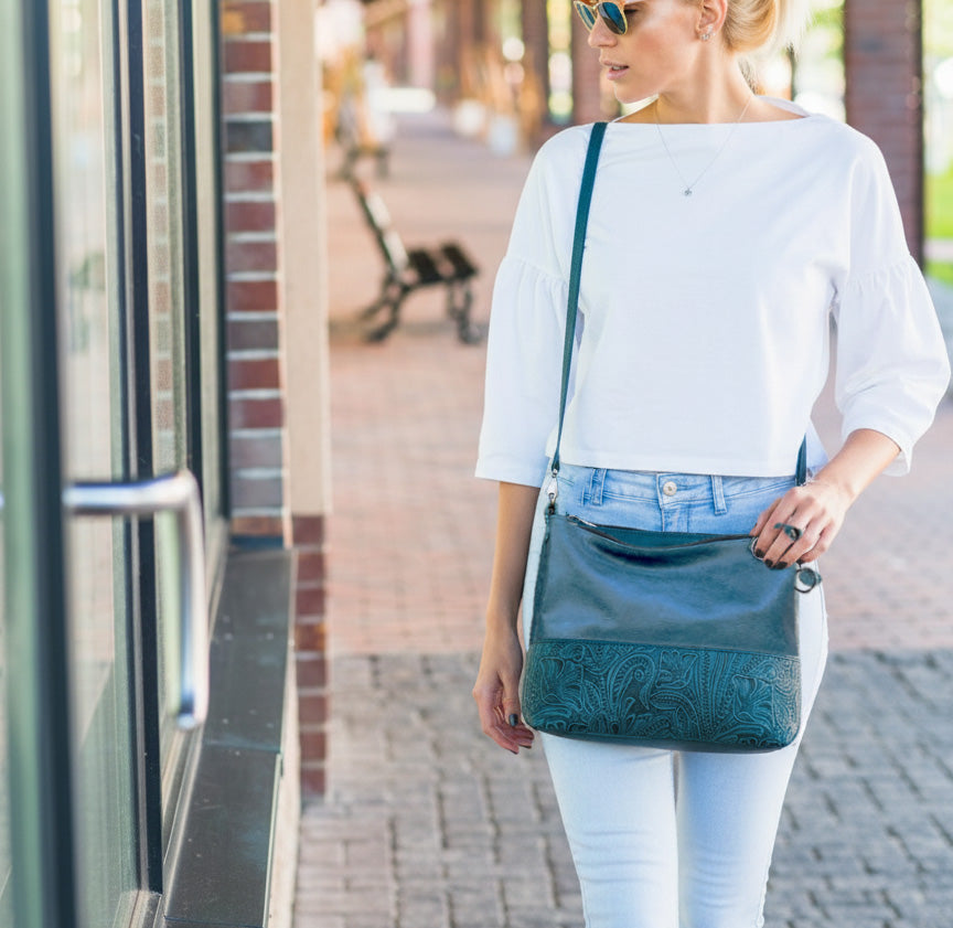 Teal Tooled Western Floral Leather Crossbody