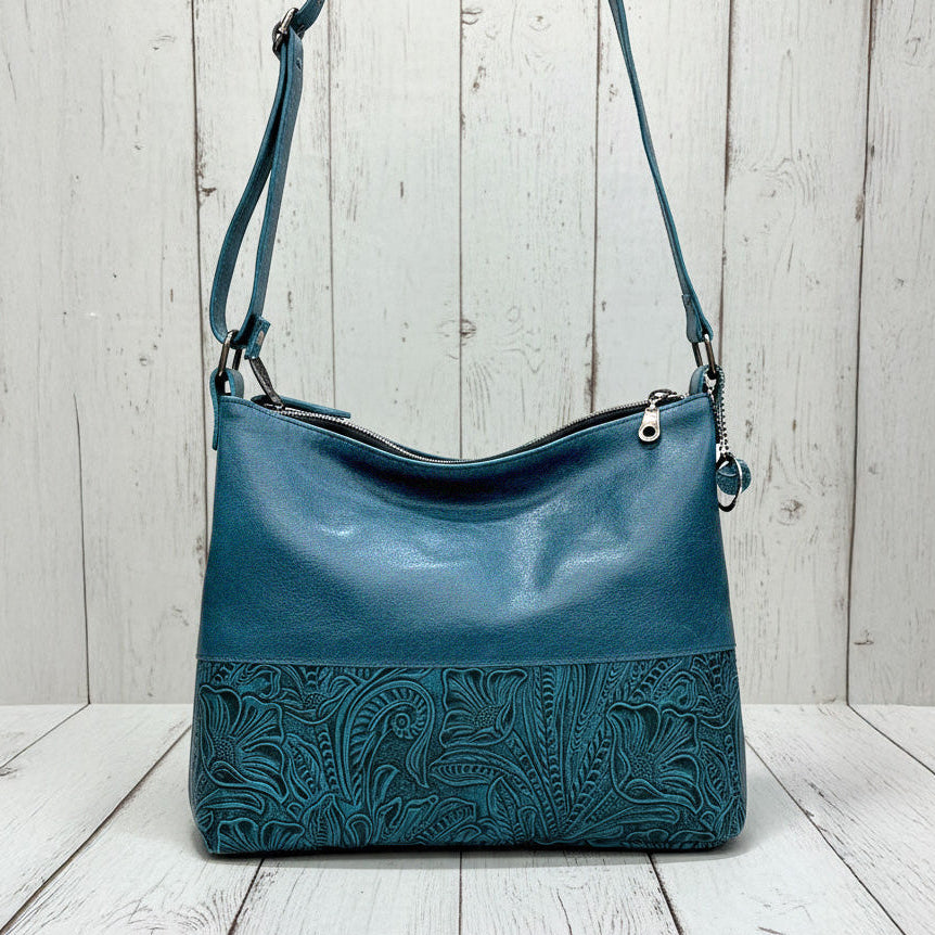 Teal Blue leather handbag with beautiful floral tooling and soft rich plain leather 
