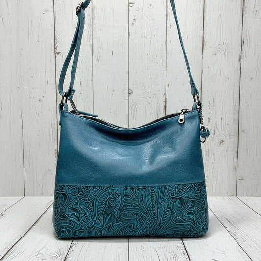 Teal Blue leather handbag with beautiful floral tooling and soft rich plain leather 