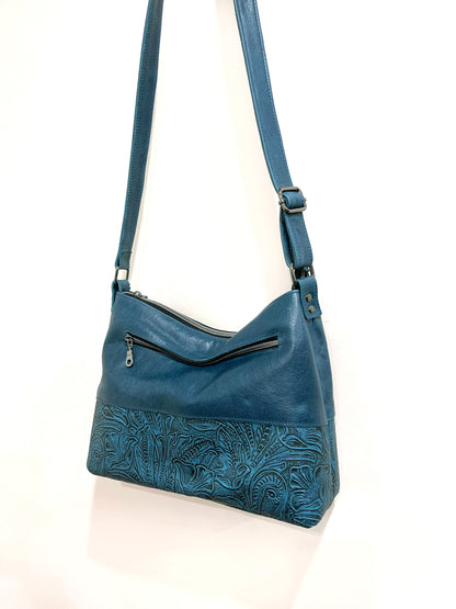 Teal Tooled Western Floral Leather Crossbody
