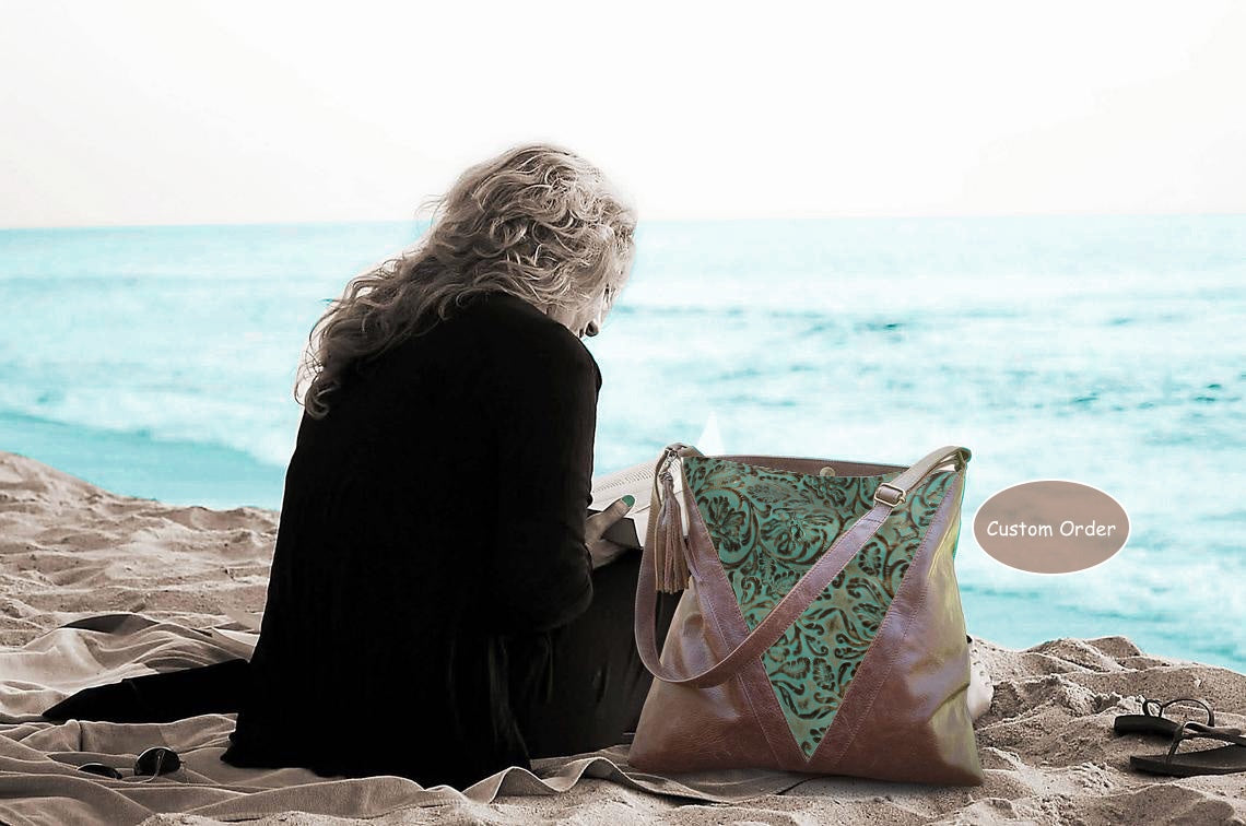 Brown tooled leather Tote bag, Premium Leather, flower and leaf design