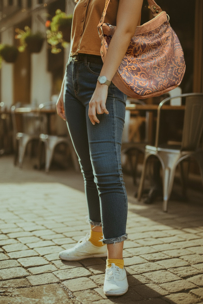 Person wearing cashual jeans and white sneakers, with a tooled embossed warm brown patterned hobo bag in an outdoor setting.