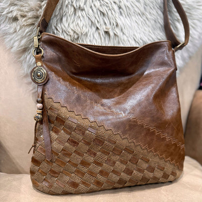 Brown leather handbag hand woven feature vintage brown with vintage gold concho beaded charm