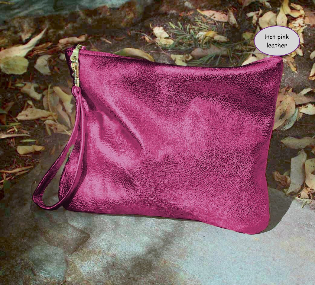 Hot pink or fuchsia metallic leather wristlet or crossbody Bag